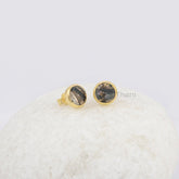 Round 9x9mm Black Copper Shell Stud Earrings, 18k Gold Plated Gemstone Earrings, Sterling Silver Bezel Earring Jewelry, Wedding Gift Earring